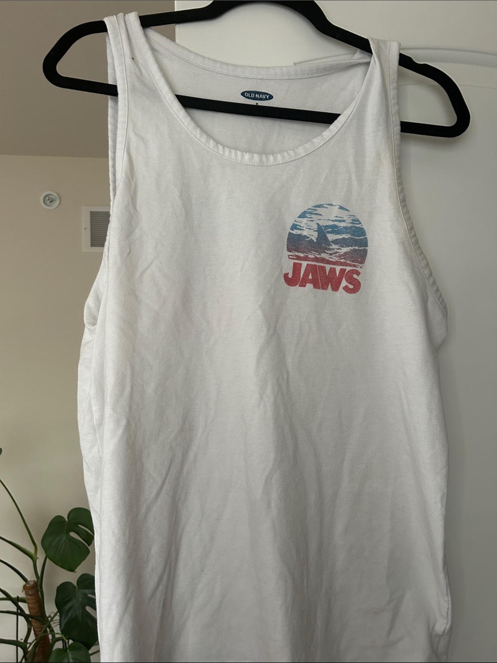 Old Navy White Tank with Red and Blue JAWS Logo